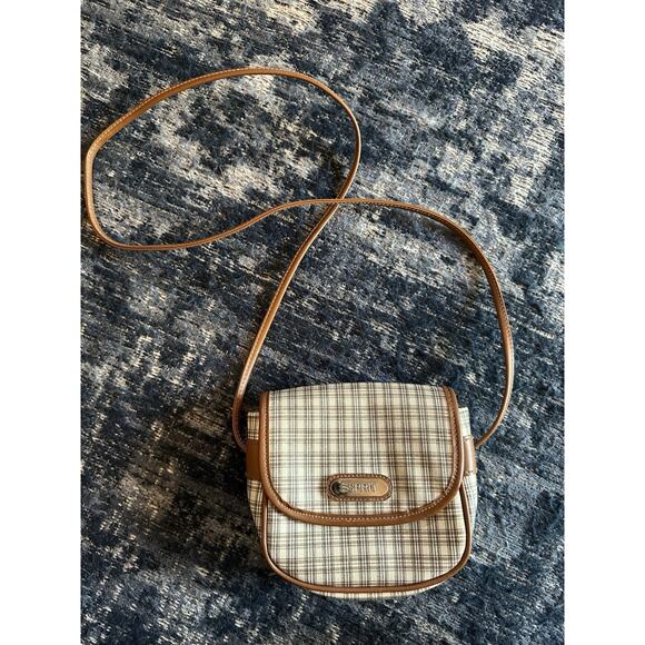 Vintage ESPRIT Mini Crossbody Purse 80s 90s Plaid~Beige Ivory Gray~Retro Hipster - Picture 1 of 8